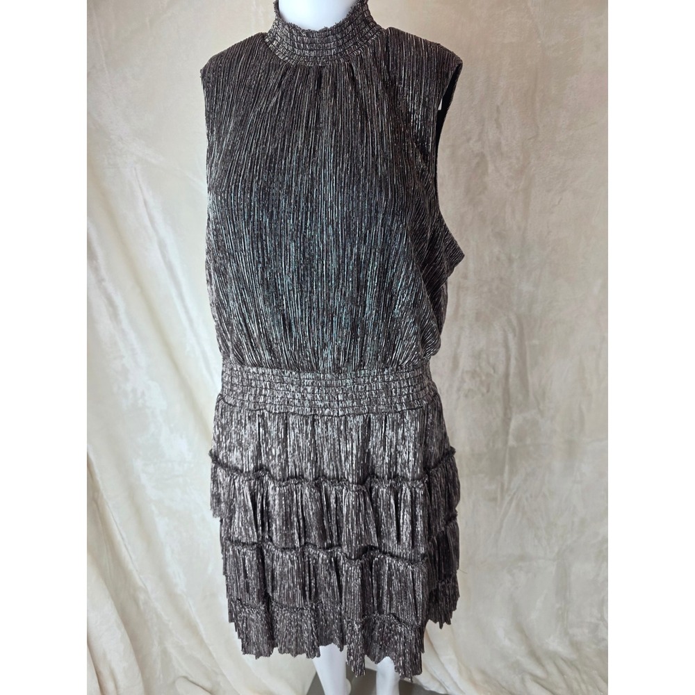 Metallic Pleated‎ Tiered Ruffle Mock Neck Dress XL Silver Black